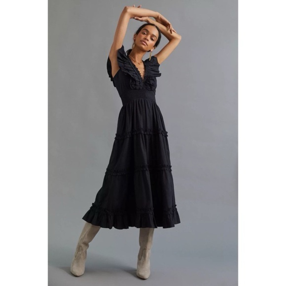 Love The Label Anthropologie V Neck Ruffle Midi Dress Large Black